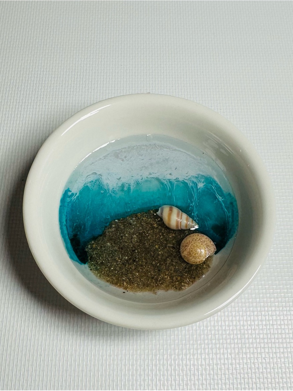 Handmade Resin Trinket Dish with Sand and Shells - Teal Accent